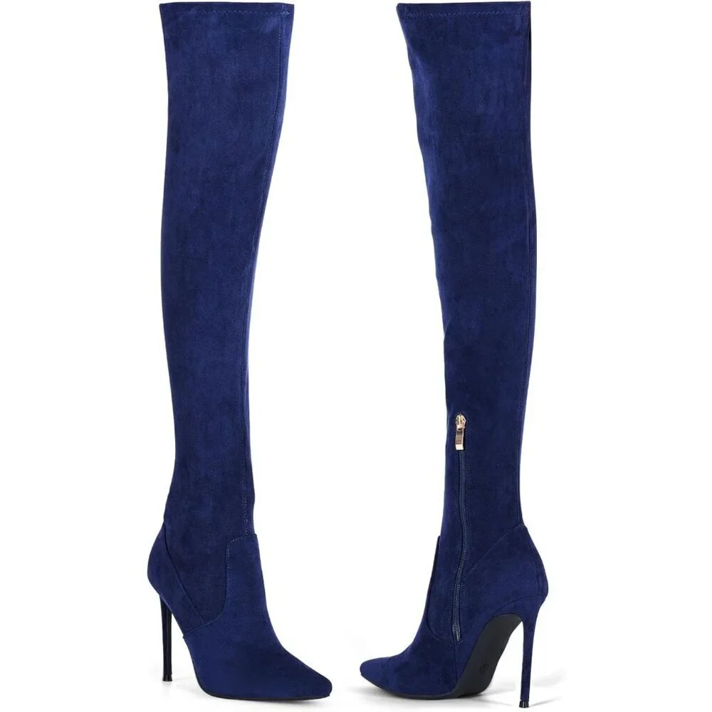 Women Navy Blue Suede Pointed Toe 4.3 inch Stilettos Thigh High Heels Boots